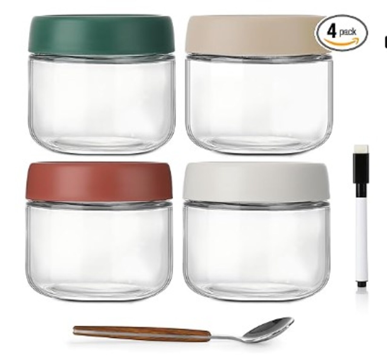 Overnight Oats Containers with Lids, Practical Muesli Container to Go, 10oz Glass Jars with Lids - Set of 4, Baby Food Containers, Chia Seed Pudding Jars, with Spoon and Marker